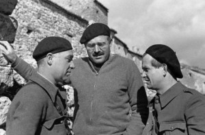 EH 6672P Ernest Hemingway with Ilya Ehrenburg and Gustav Regler during the Spanish Civil War, not dated, circa 1937. Photograph in the Ernest Hemingway Photograph Collection, John F. Kennedy Presidential Library and Museum, Boston.